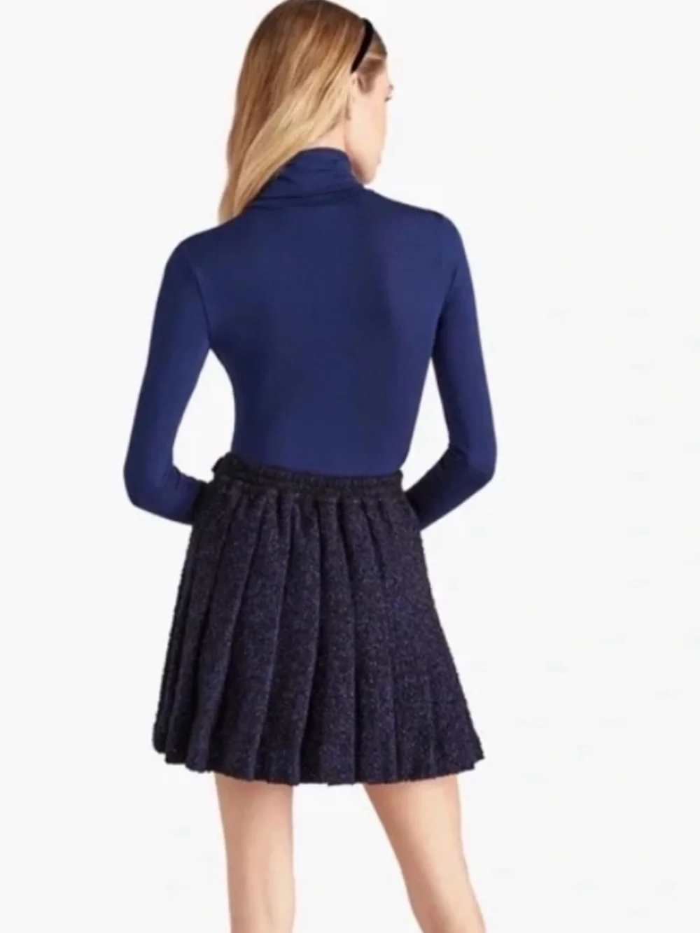 Hill House Blair Skirt Navy Tweed Pleated Mini, Size Small, Elastic Waist